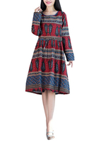 Ethnic Women Long Sleeve High Waist Vintage Dresses