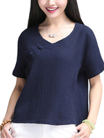 Ethnic Women Short Sleeve V-Neck Cotton Linen T-Shirt