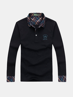 Fall Winter Mens Solid Color Plaid Turndown Collor Long Sleeve Casual Polo T-shirts