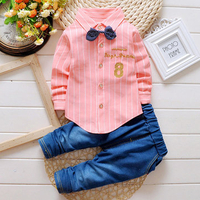 Fashion Lovely Kids Striped lapel Shirt Denim Trousers Suit