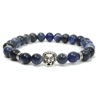 Fashion Men Bracelet Blue Sodalite Silver Lion Head Beaded Yogo Stretch Bracelet