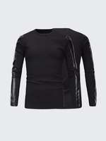Fashion Top Tee PU Leather Stitching Sleeve Black Round Neck Long Sleeves T-shirt for Men