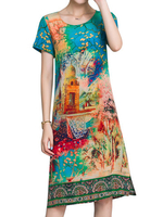 Fashion Women Colorful Printed Short Sleeve A-Line Dress
