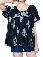 Fashion Women Flower Printed Flared Sleeve Chiffon Tops