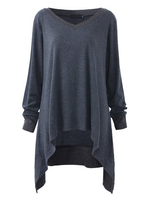 Fashion Women Solid V-neck Asymmetrical Hem T-shirt