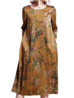 Fashionable Printed Long Sleeve O Neck A Line Women Dresses