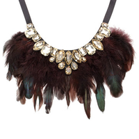 Feather Crystal Pendant Ribbon Collar Statement Necklace