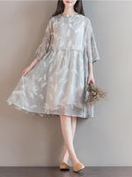 Feather Print Loose 3/4 Sleeve O Neck Women Dresses