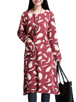 Feather Printed Vintage Thick Velvet Long Sleeve Women Dress