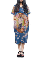 Figure Printed Short Sleeve V Neck Side Pocket Women Dresses