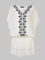 Floral Embroidery V-Neck Batwing Sleeve Mini Dress