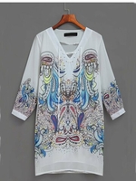 Floral Print Cross Strap Long Sleeve Women V-neck Mini Dress