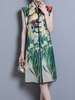 Floral Print Frog Button Sleeveless Stand Collar Dress For Women