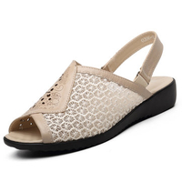 Floral Print Hollow Out Lace Leather Slip On Peep Toe Open Heel Buckle Flat Sandals