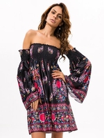 Floral Print Off-shoulder Horn Sleeve Mini Dress For Women