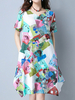 Floral Print Patchwork Irregular Short Sleeve O-neck Women Dress