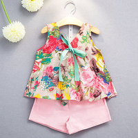 Floral Print Sleeveless Tops Solid Color Shorts Suit For Kids Girl