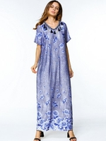 Floral Print Tassels Loose Short Sleeve O-neck Maxi Dress For Women