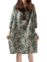 Floral Printed 3/4 Sleeve Straight Vintage Women Dress