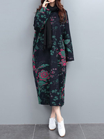 Floral Printed Cocoon Retro Style Loose Long Sleeve Robe Dress