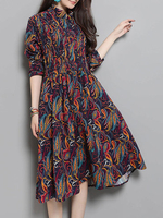Floral Printed Elastic Waist Long Sleeve Vintage Dresses For Women