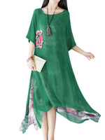 Floral Printed Embroidery Irregular Hem Layered Women Elegant Dresses