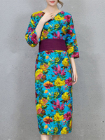 Floral Printed Long Sleeve V Neck Women Vintage Dresses