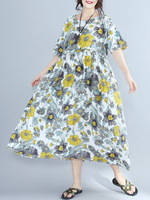 Floral Printed Loose O-Neck Short Sleeve Women Casual Dresses