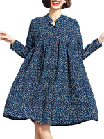 Floral Printed Loose Pleated Long Sleeve Casual Women Chiffon Dress