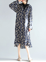 Floral Printed O-Neck Ruffled Hem Women Chiffon Dresses