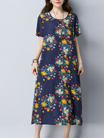 Floral Printed Short Sleeve O-Neck Women Vintage Dresses
