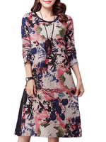Floral Printed Side Split Long Sleeve Vintage Dress