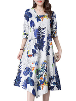 Floral Printed Vintage Long Sleeve Irregular Hem Cotton Dress