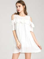 Flouncing Cold Shoulder Loose Short Sleeve O-neck Women Mini Dress