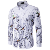 Flower Bird 3D Printing Long Sleeve Turn Down Collar Slim Fit Shirt for Men