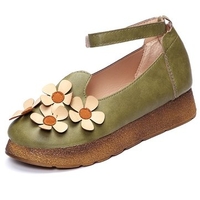 Flower Decoration Vintage Hook Loop Flat Round Toe Shoes