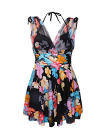 Flower Deep Plunge Ruffle V Shape Back Sleeveless Swimdresses For Women