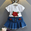 Flower Embroidered Short Sleeve O-neck T-shirt With Skit Suit For Kids Girls