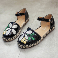 Flower Print Embroidery Buckle Stitching Flat Shoes For Women