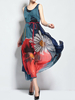 Flower Printed Belt Slim Sleeveless Women Silk Dresses