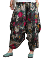Flower Printed Pocket Elastic Waist Linen Harem Pants