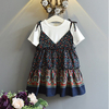 Flower Tie Dress With Short Sleeve O-neck T-shirt Suit For Kids Girl