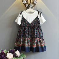 Flower Tie Dress With Short Sleeve O-neck T-shirt Suit For Kids Girl