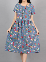 Folk Birds Printed Pleated O Neck Short Sleeve Dresses For Women