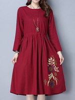 Folk Embroidery Long Sleeve O Neck Dresses For Women