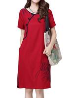Folk Embroidery Short Sleeve Side Slit Women Dresses