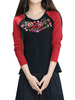 Folk Floral Embroidered O Neck Long Sleeve Cotton Polyester T-Shirts
