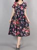 Folk Floral Pleated O Neck Short Sleeve Dresses For Women