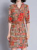 Folk Print Halter Half Sleeve V Neck Women Dresses
