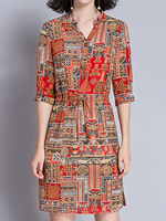 Folk Print Halter Half Sleeve V Neck Women Dresses